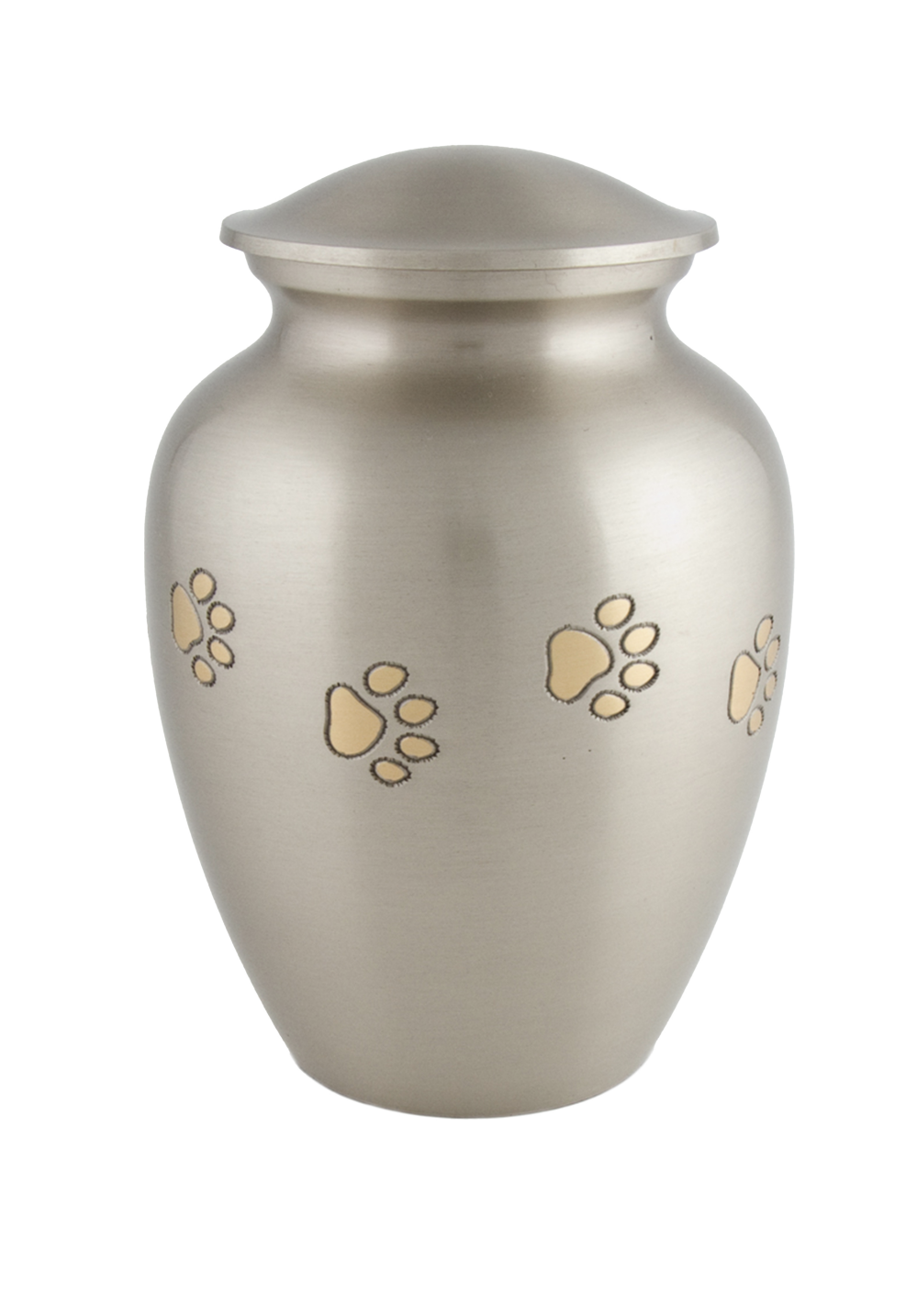Chetan pet urn in brushed pewter with gold paw prints
