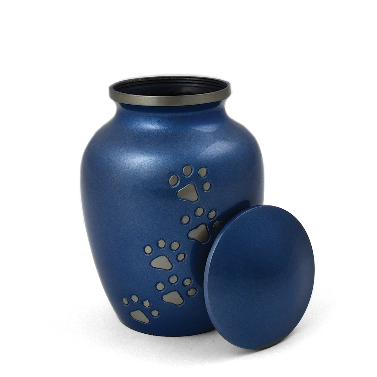 Heavenly Paws pet urn in deep blue with silver paw prints
