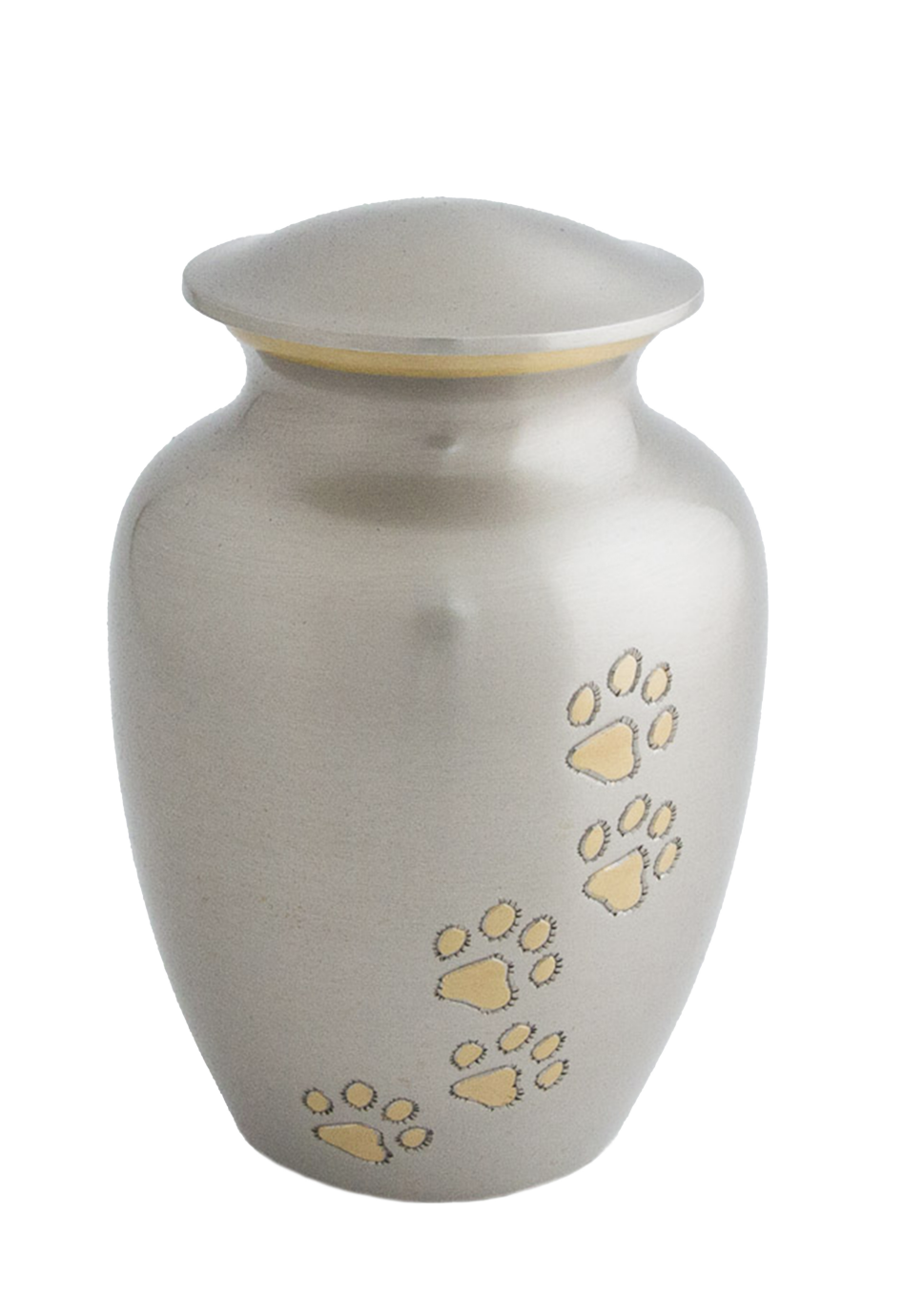 Heavenly Paws pet urn in pewter with a trail of gold paws