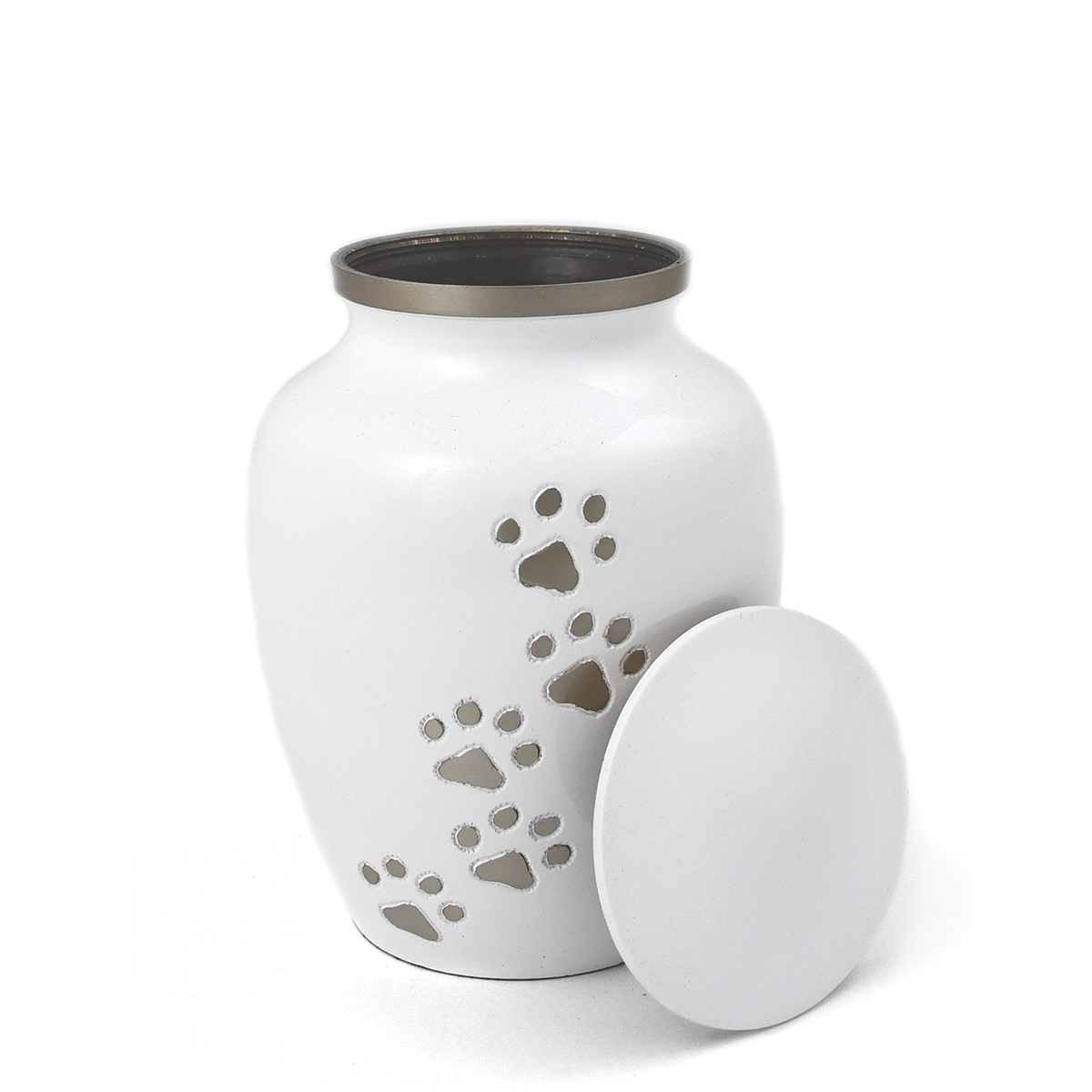 Heavenly Paws pet urn in white with cut-out paw prints