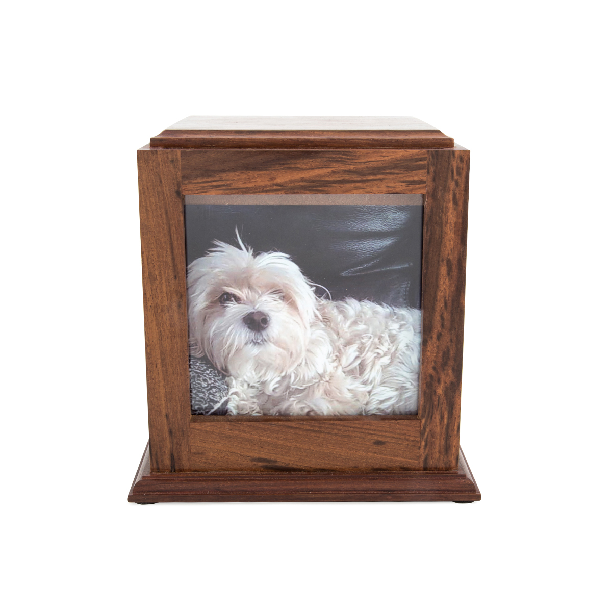 Timber photo urn with a framed front window holding a pet portrait